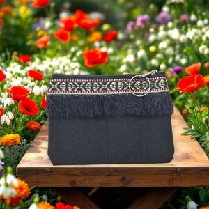 Embroidered Fringe Zippered Clutch with Key Ring - Black